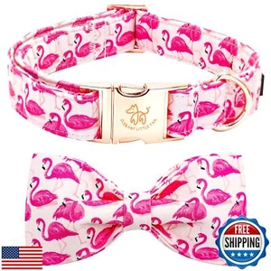 Elegant Little Tail Pink Flamingos Medium Dog Collar with Bow, Cotton, Unique - Picture 1 of 5