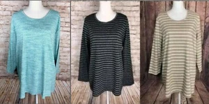 NEW Laura Scott Womens 1X 2X 3X *Choose* Long Sleeve Shirt Black Tan Aqua Stripe - Picture 1 of 10