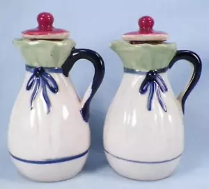 Oil & Vinegar Cruets Ceramic Red Tops Blue Bows Green Bands Handles Vintage - Picture 1 of 9