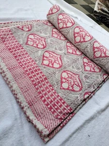 Hand Block Print Kantha Quilt Cotton Blanket Throw Indian Bedspread Queen Size - Picture 1 of 5