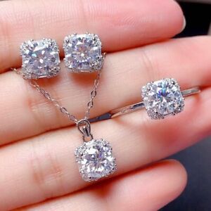 3pc Set Luxury Simulated Moissanite Gems Silver Women Girl Necklace Ring Earring