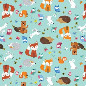 Benartex Happy Camper Forest Friends Aqua 100% Cotton Fabric Fox Bunny Hedgehog - Picture 1 of 3