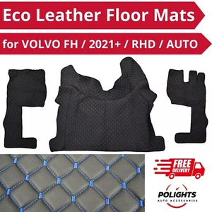 for VOLVO FH2021+ RHD Auto Black & Blue Stitch Eco Leather Floor Mats Covers - Picture 1 of 4