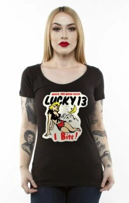 Lucky 13 I Bite Pin Up Girls Tattoos Biker Motorcycle Punk T Shirt LW1140IB - Image 1 of 3