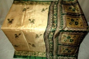 WEARABLE Vintage PAPER ART Silk BLEND CRISP Sari Saree PS8 Green Cream S284 - Picture 1 of 2