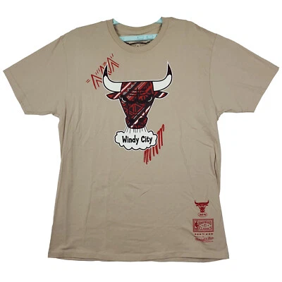 Chicago Bulls Mitchell & Ness NBA L Camisa Grande Día del Juego Impresión Arte Caqui Nueva con Etiquetas Foto 1 de 4