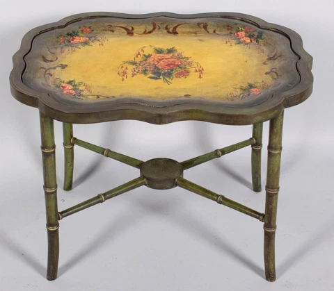 VICTORIAN PAINTED PAPIER MACHE TRAY ON LATER STAND COCKTAIL TABLE Cover