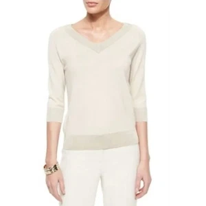 ST. JOHN | Leichter 3/4-Arm-Pullover cremefarben Wolle Seide Mischung V-Ausschnitt | Medium - Bild 1 von 9