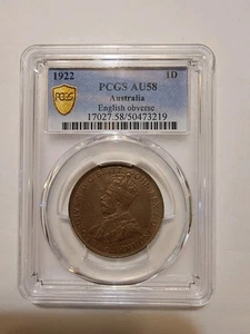 Australia 1922 1 Penny English Obverse,  PCGS AU 58 - Picture 1 of 4