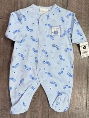 Vestiti bambino ragazzo nuovi vintage Carter's Preemie blu treno piedi outfit - Immagine 1 di 3