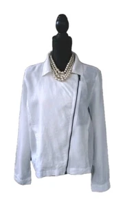 Eileen Fisher Jacket M L White Organic Linen Moto Double Zip Women's Top 10 12 - Picture 1 of 7