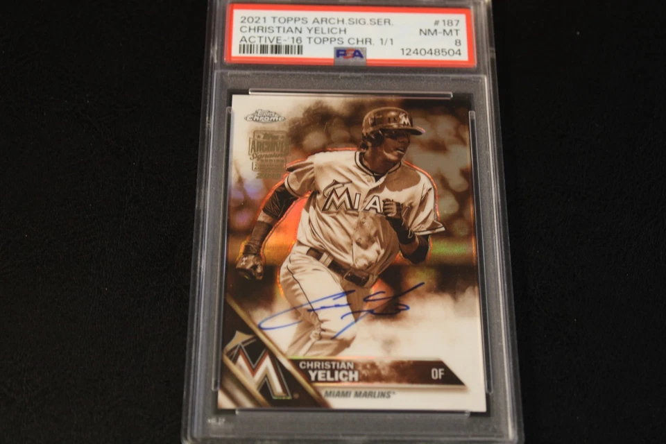 2021 - Topps Archives Signature-Sepia Ref-Auto-Christian Yelich 1/1 -PSA NM-MT 8 - Image 1 of 4