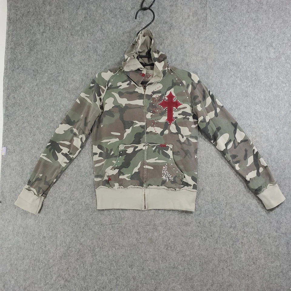 Cowgirl Tuff Hoodie Womens Medium Green Camo Full Zip Red Cross Graphic Studded - Image 1 of 4