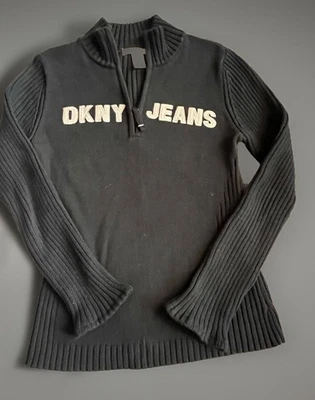 DKNY Jeans Women's Black1/4 Zip Rib Knit L Sweater 100% Cotton Y2K Logo KCBUM130 - Image 1 of 4