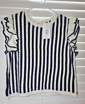 Blusa Entro Astrid Suéter Manga Babado Malha Listrada Azul Marinho Branco Grande NOVA - Imagem 1 de 4