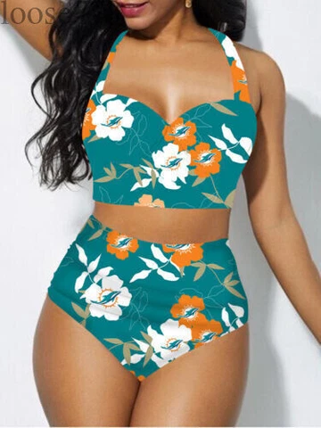 Miami Dolphins Women 2PCS Bikini Set Push Up Swimsuit Beach Halter Swimwear Gift Cover