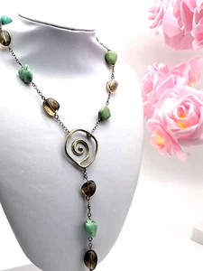 Vintage Silver Necklace Sterling 925 Turquoise Quartz Stones Y Drop 43,48g - Picture 1 of 11