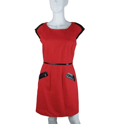 Cynthia Steffe Women's Sheath Dress Size 6 Red Stretch Knit Leather Trim Zippers - Image 1 of 4