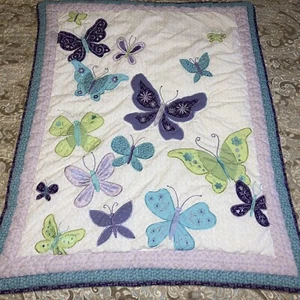 NoJo Beautiful Butterflies Crib Quilt Purple Teal Lime - Picture 1 of 9