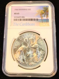 1966 BAHAMAS SILVER 2 DOLLARS FLAMINGOS NGC MS 65 SCARCE GEM FIRST YEAR BEAUTY ! - Picture 1 of 5