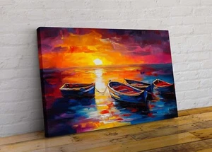 Sunset Sea Boats Abstract 2 Canvas Wall Art Picture Print Leonid Afremov Style - Picture 1 of 2