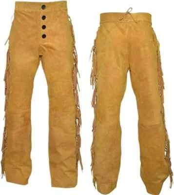 Men Native American Western Buckskin Ragged Leather Suede Pants Mountain Man - Image 1 of 4