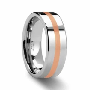 Men's Flat Wedding Band Tungsten Polished with Rose Gold Inlay - 6mm or 8mm NEW - Picture 1 of 1