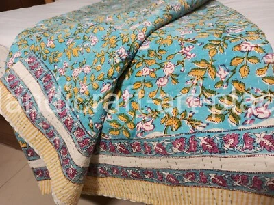 Bedding Handmade Floral Print King Size Bedspread Cotton Kantha Quilt Throw  - Image 1 of 4