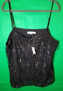 Loft Women's Black Sequin Fringe Square Neck Cami Party Holiday XXL NWT - Picture 1 of 6
