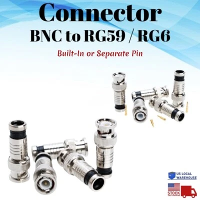 BNC压缩连接器适用于RG6 RG59安全同轴电缆CCTV公头同轴电缆批量 — 第 1/4 张图片