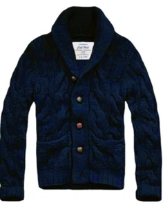 Mens CALI HOLI Shawl Collar Cable Knit Cardigan Sweater Navy - Picture 1 of 4