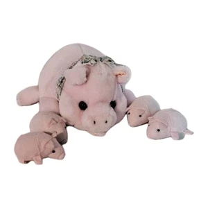 Vintage Stuff Plush Mama Pig And 4 Stuffed Animal Piglets Zippered Tummy Pouch - Foto 1 di 12