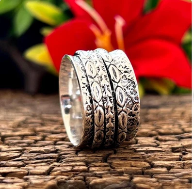 Anillo giratorio de diseñador boho de plata esterlina para tres tonos hecho a mano para todas las tallas Foto 1 de 4