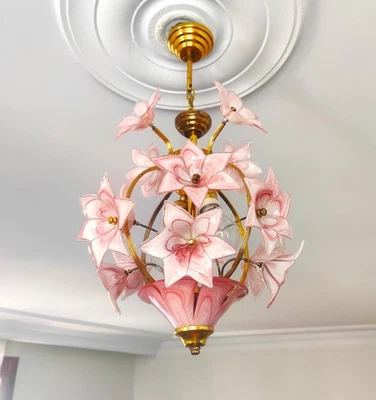 Vintage Murano Pink Glass Flowers Chandelier - Image 1 of 4