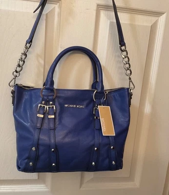 MICHAEL KORS MEDIUM LEIGH Sapphire LEATHER SATCHEL, CROSSBODY,  HANDBAG $398 NWT - Image 1 of 4