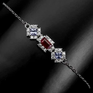 Black Friday Sterling Silver Bracelet Octagon Ruby 5x3mm Tanzanite Jewelry 8 Ins - Picture 1 of 13