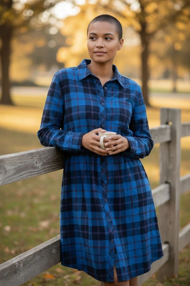 Style & Co, 100% Cotton Plaid Flannel Button Down Shirt Dress, Blue, Size XL - Image 1 of 4