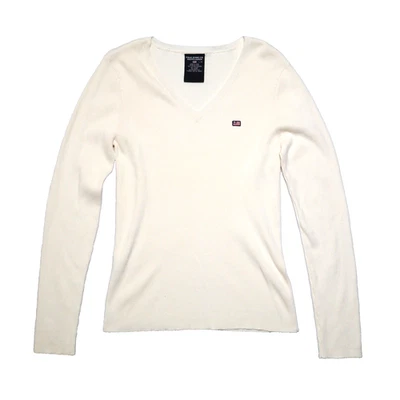 Ralph Lauren Polo Jeans Tejido Suéter Acanalado Crema Mujeres Grande Cuello en V Preppy Bandera Foto 1 de 4