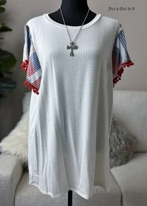 USA New PLUS SIZE Womens RED WHITE BLUE PATRIOTIC POM POM SHIRT TUNIC 1X 2X 3X - Picture 1 of 5