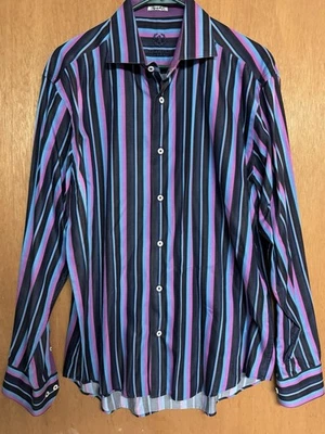 Bugatchi Uomo Men's Vintage Navy Blue Pink Stripe Flip Cuff Shaped Fit Large Y2K - Image 1 of 4