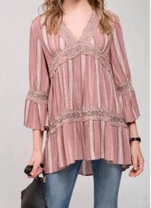 Romantic Feminine Festival Tunic Shirt Womens Large Pink Lace Floral Peasant - Picture 1 of 9