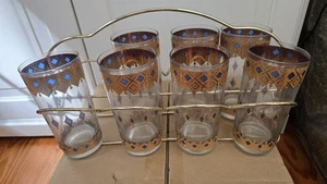 7pc Culver King's Rowe Highball 22K Gold & Blue Highball Glasses W/ Carrier - Picture 1 of 7
