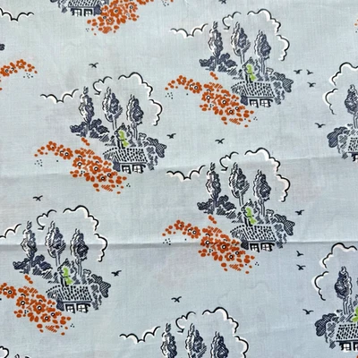 "Tela estampada de escena de cabaña de algodón azul DHJ Industries vintage años 60 2 yardas + 24"" L" Foto 1 de 4