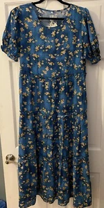 Yesno Womens Casual Blue Yellow Floral Print Long Ruffle Dress SZ L With Pockets - Picture 1 of 12