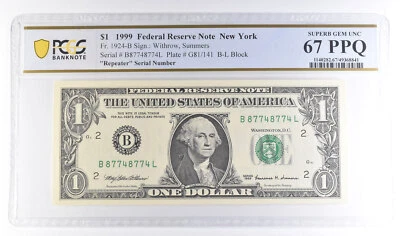 1999 $1 New York FRN Fr#1924-B Repeater Serial Superb Gem Unc 67 PPQ PCGS *6118 - Image 1 of 3