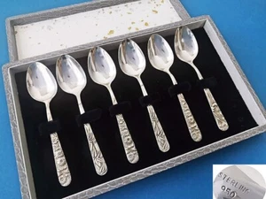 6 x Mokkalöffel, 950 er Silber Sterlingsilber florales Dekor, im Besteckkasten - Bild 1 von 9