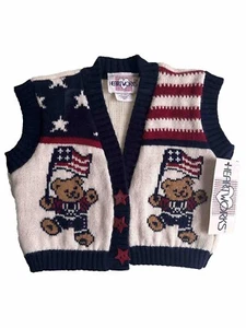 Vintage Heartworks Knit Sweater Vest Size 4T Fourth Of July USA Theme Teddy Bear - Picture 1 of 5