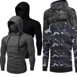 Mens Slim Fit Turtleneck T-Shirt Long Sleeve Mouth Outdoor Drawstring Hoodie - Picture 1 of 27