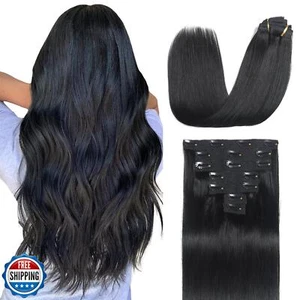 Sisily Clip in Hair Extensions Real Human Hair, 16 inch 120g, Jet Black, 100% - Picture 1 of 5