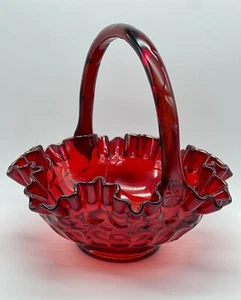 Vintage Fenton Cadmium Ruby Red Thumbprint Ruffled Edge Glass Basket 8" GLOWS - Imagen 1 de 24